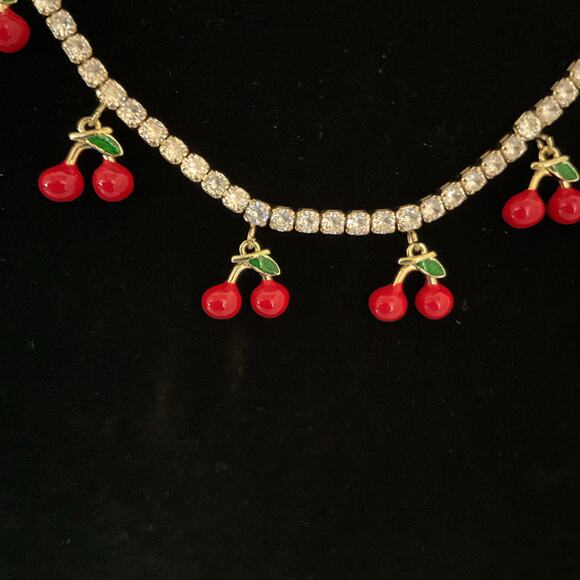 Rhinestone Cherry Charm Necklace - Picture 2 of 7